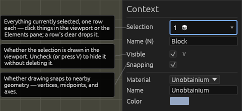 The Select tool's Context pane, each field explained