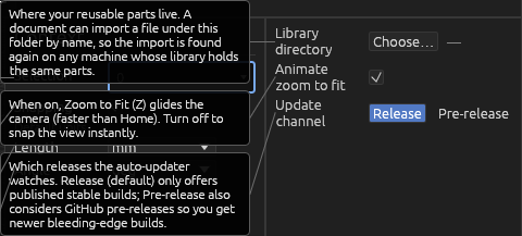 The Settings window, each field explained