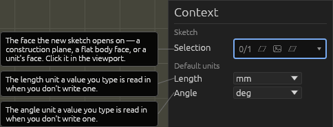 The Sketch tool's Context pane, each field explained