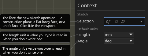 The Sketch tool's Context pane, each field explained
