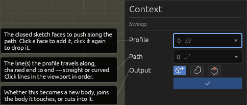 The Sweep tool's Context pane, each field explained