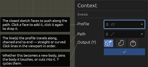 The Sweep tool's Context pane, each field explained