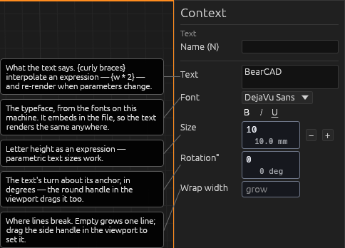 The Text tool's Context pane, each field explained