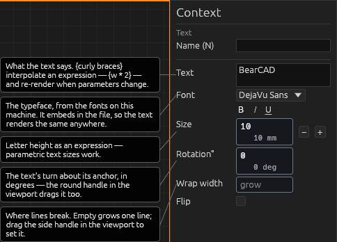 The Text tool's Context pane, each field explained