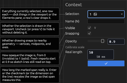 A tracing image's Context pane, each field explained