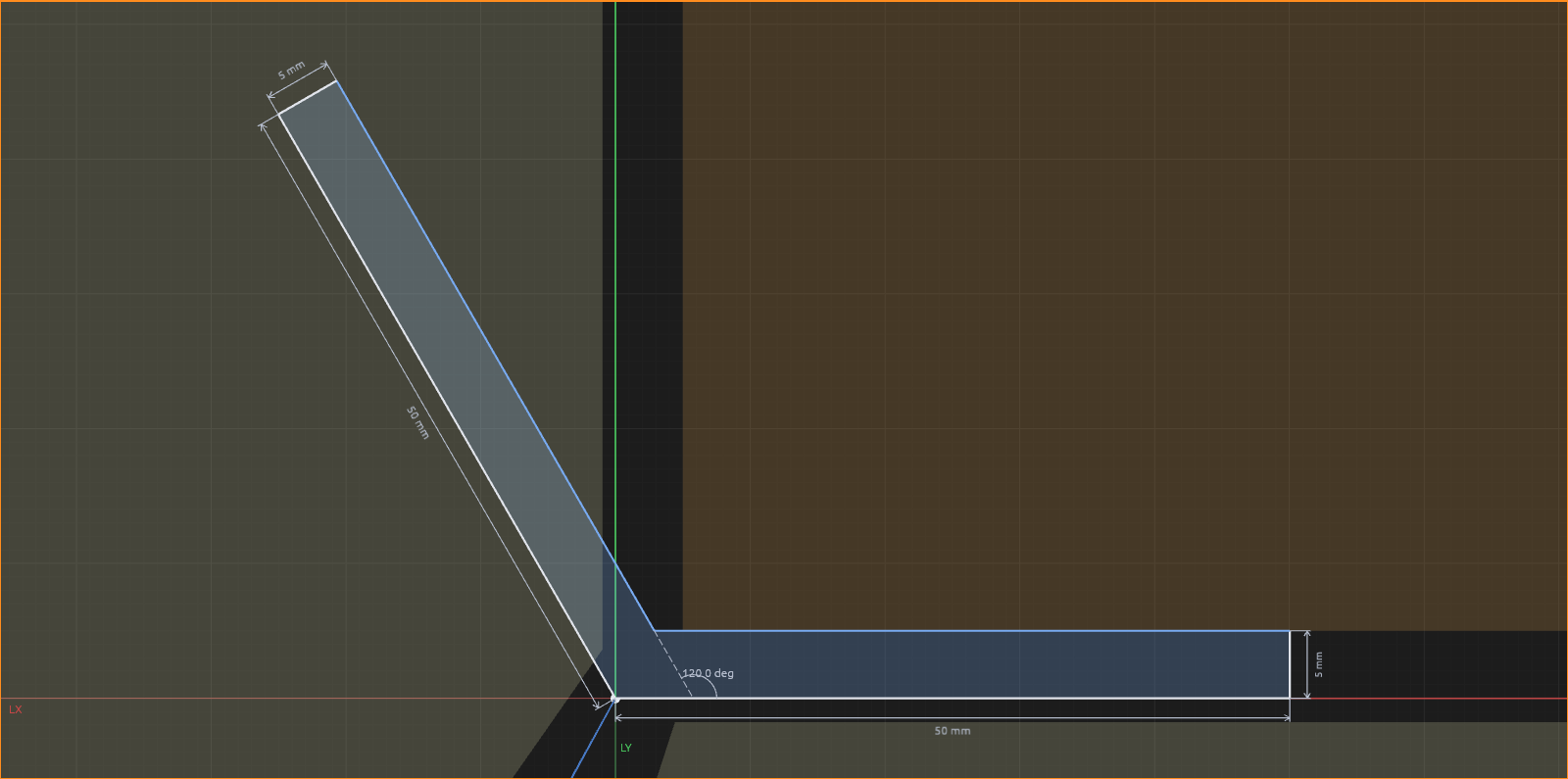 The same profile squared up: parallel, perpendicular, exact lengths, and a 120-degree angle dimension