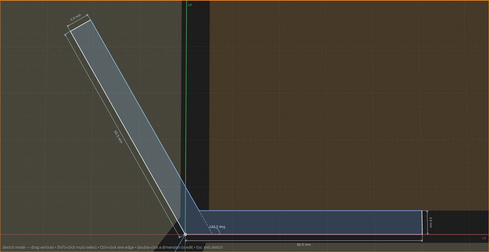 The same profile squared up: parallel, perpendicular, exact lengths, and a 120-degree angle dimension