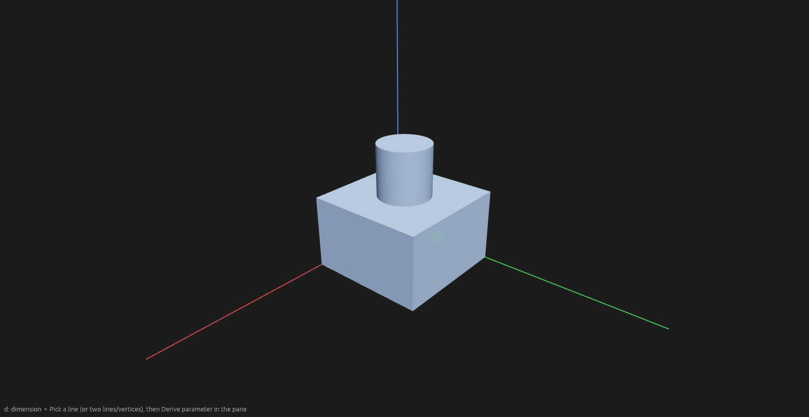 A selected body — a cube with a cylinder boss — outlined by the blue selection aura
